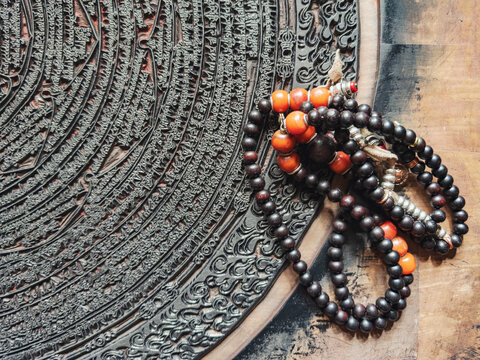 Circular Printing Block and Prayer Beads, Dege Printing Monastery, Dege, Sichuan Province, Kham Tibet,