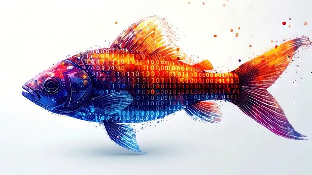 A digital fish rendered with binary code in vibrant shades, white background