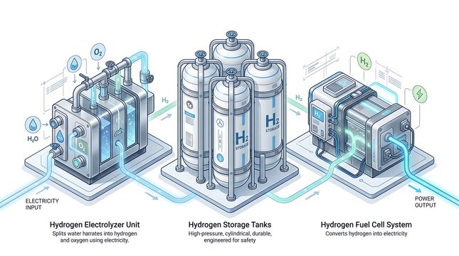 Isometric illustration of industrial processing units with digital data flow representing technology and automation abstract background industrial processing