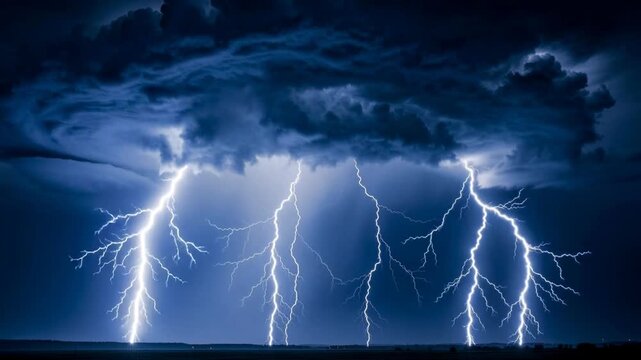 Powerful lightning storm with dramatic dark clouds striking over a flat landscape at night