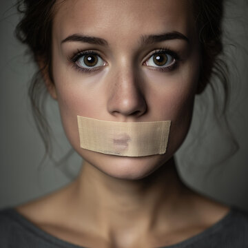 Close-up portrait of a young woman with her mouth taped shut with adhesive tape, representing concepts of censorship, domestic violence, silence, and suppression with emotional and pleading eyes
