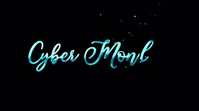 Cyber Monday sale text animation with blue liquid splash effect. ProRes 4444 with alpha channel transparent background for easy overlay in promo videos.