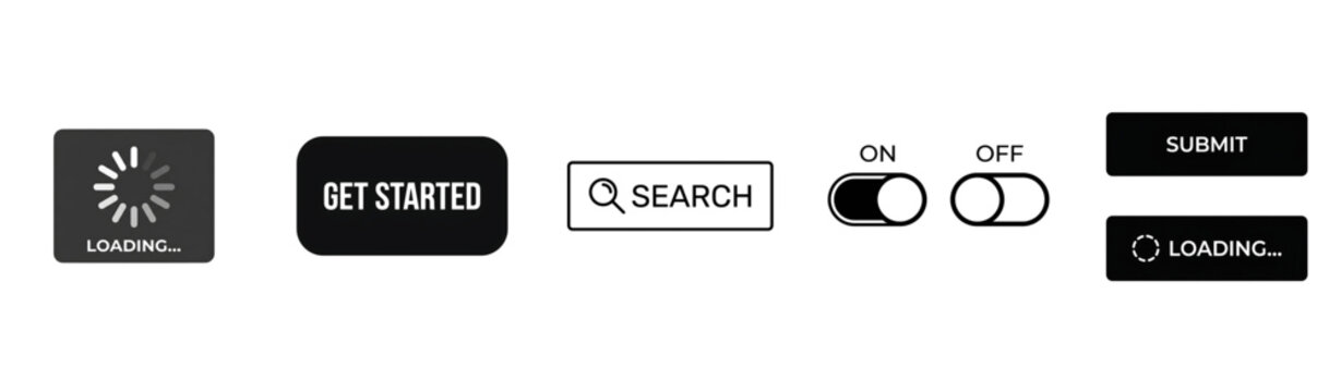 UI Button Elements Black and White Minimal Vector Icon Set Web Interface Controls and Design System Collection