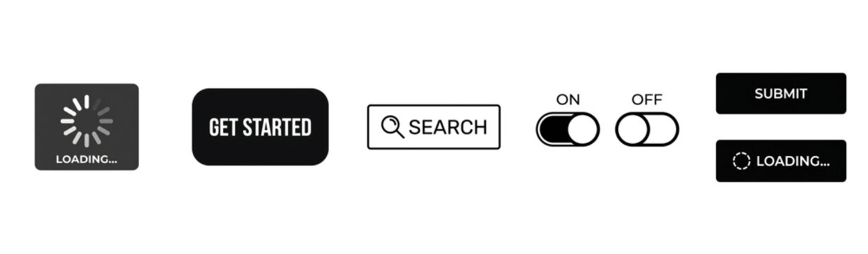 UI Button Elements Black and White Minimal Vector Icon Set Web Interface Controls and Design System Collection