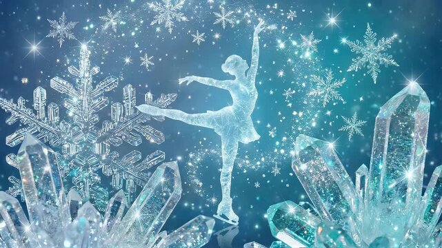 Ice skater woman performing artistic dance on frozen pond. Figure skater in motion surrounded by snowflakes and crystal. Winter sport activity and holiday concept.