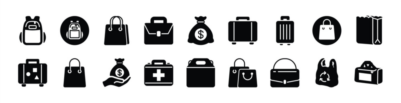 Bag icon vector set. Contains backpack, suitcase, baggage, briefcase, paper, shopping, food, plastic, money, tote, pouch, medicine, box, first aid kit, sport, suitcase - illustration