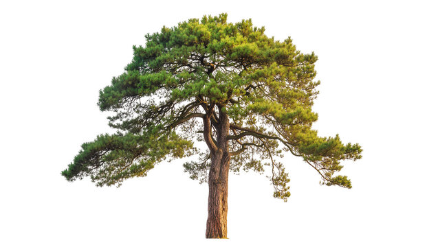 Isolated majestic mature pine tree with strong trunk and widespread green foliage
