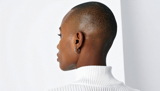 Woman with a buzz cut looks away while wearing a white ribbed turtleneck top.