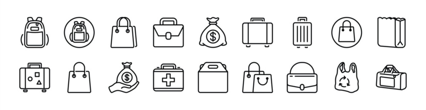 Bag thin line icon set. Contains backpack, suitcase, baggage, briefcase, paper, shopping, food, plastic, money, tote, pouch, medicine, box, first aid kit, sport. Vector illustration