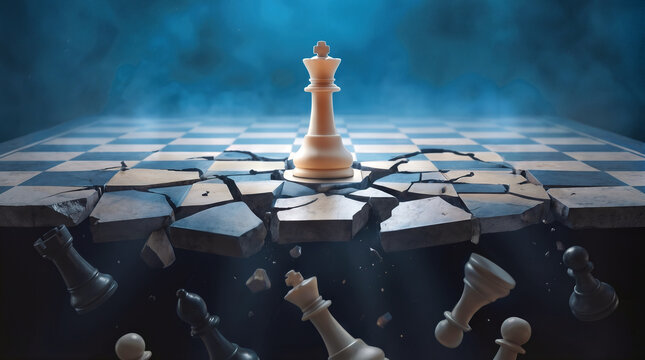 Cracked chessboard with white king standing firm while other pieces fall into dark void. Business leadership and crisis management concept.