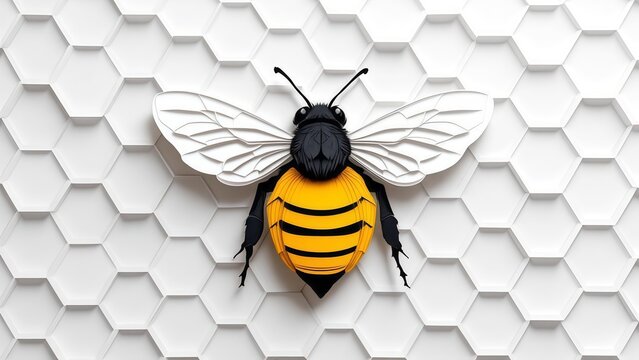 Yellow and black honey bee on a white geometric honeycomb pattern background for nature and environment conservation