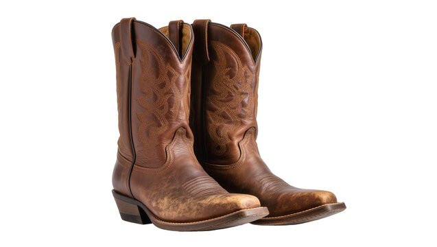 Isolated pair of rustic brown leather cowboy boots featuring traditional Western stitching design and worn texture