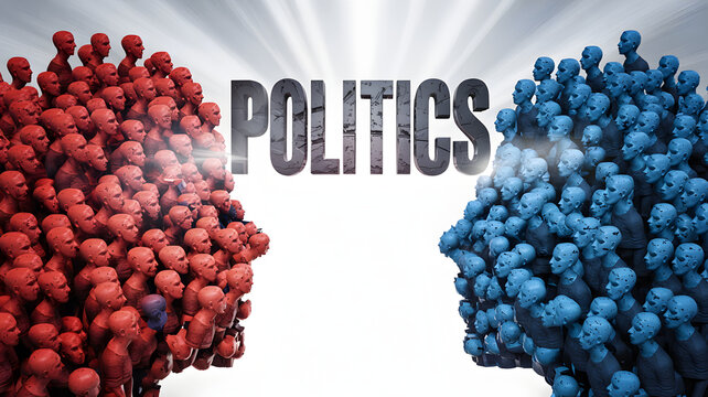 Opposing political factions in silhouette facing each other with word POLITICS overhead