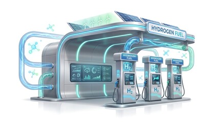 Fototapeta premium Futuristic hydrogen fuel station with solar panels and glowing lights hydrogen technology renewable alternative automotive transport friendly sustainability