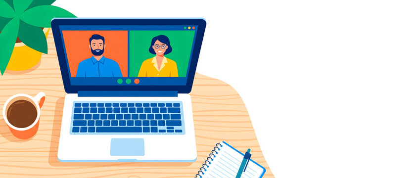 Laptop displaying a video conference call between two professionals during remote work on a wooden desk with coffee and notebook