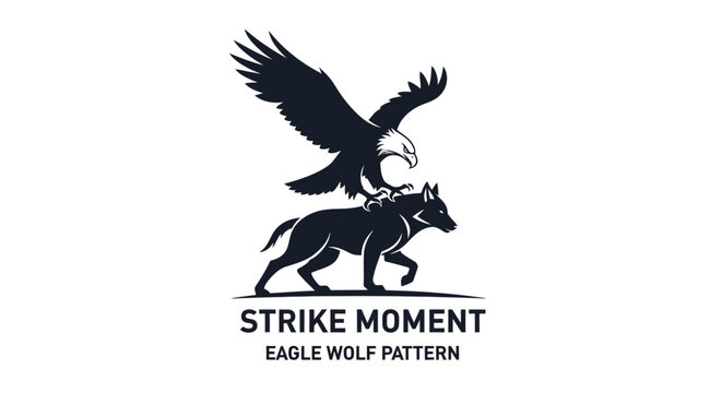 Eagle landing on wolf silhouette, strike moment, wildlife logo