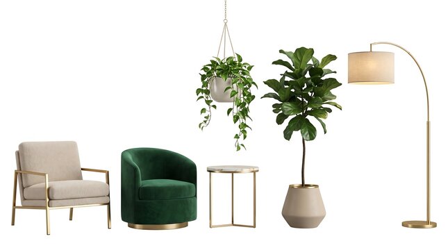 Modern living room furniture arrangement with accent chairs side table floor lamp furniture interior armchair sophisticated apartment arrangement composition