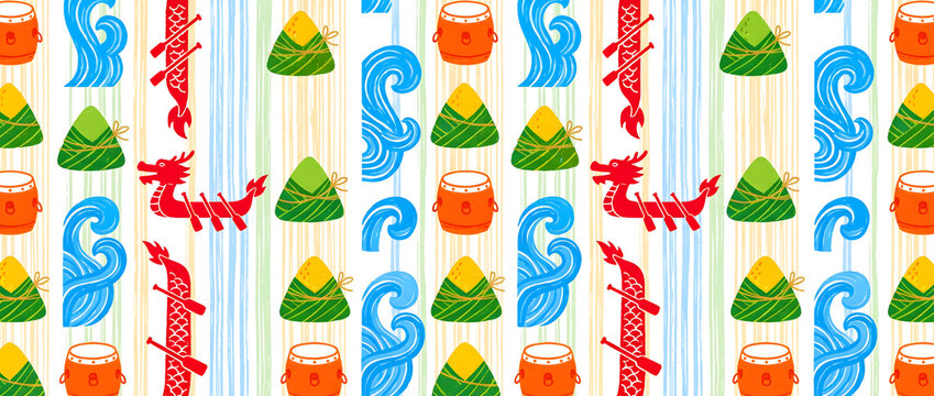 Dragon boat festival pattern illustration featuring zongzi, drums, waves and traditional motifs