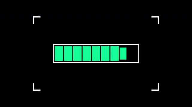 Clean loading bar animation featuring bright neon green segmented blocks inside a rectangular progress frame on a dark background