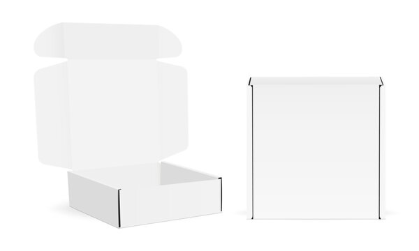 Opened and closed cardboard mailing box mockups for ecommerce packaging, shipping branding, front and side view, isolated on white background. Vector Illustration