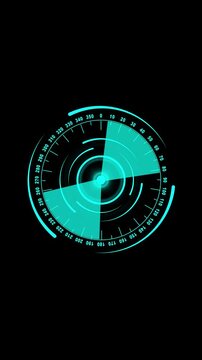 Digital compass animation with degree markings. Cyan digital compass navigation. Digital compass technology graphic on black.