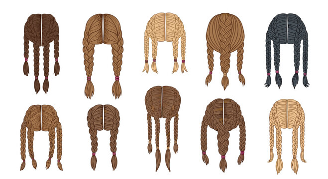 Ten distinct illustrations of braided pigtail hairstyles showcased in a variety of natural hair colors against a plain white background with consistent graphic design.