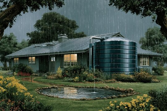 Farmhouse with Rainwater Collection System During Rainy Night