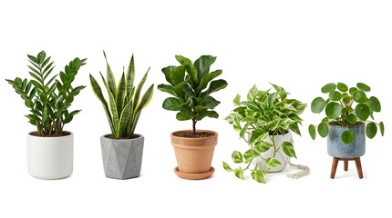 Fototapeta premium Collection of five potted houseplants with green leaves houseplants decoration interior lifestyle different evergreen gardening greenery tropical botanical