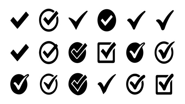 Collection of various check marks and tick boxes in black and white with illustration, approval