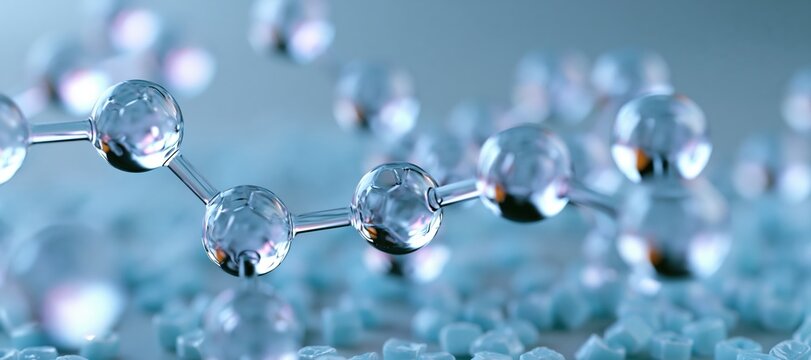 Translucent plastic molecule models with recycled pellets on pale blue background