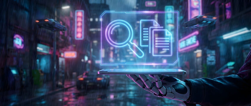 Robotic hand holding a holographic interface displaying search and document icons in a rainy cyberpunk cityscape