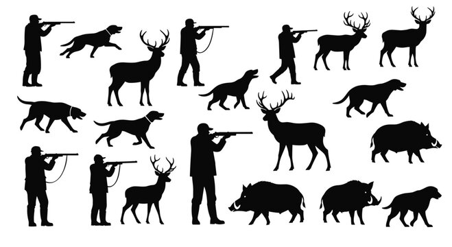 Black silhouette collection featuring various hunters with rifles positioned alongside deer and wild boar figures on a solid white background with high contrast monochrome aestheti