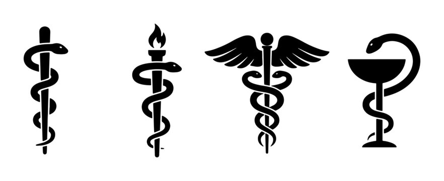 Medical Symbols Collection: Caduceus, Rod of Asclepius, Bowl of Hygieia, Snake and Torch Icons, Vector Graphics for Healthcare and Science