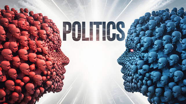 Opposing political factions represented by crowds of heads facing off with word POLITICS