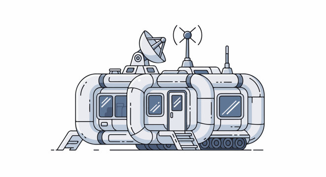 Futuristic modular base with satellite dish and antennae on tracks