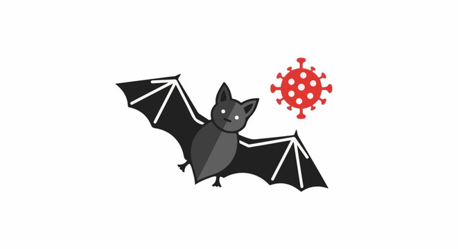 Gray bat with outstretched wings flies near red virus particle