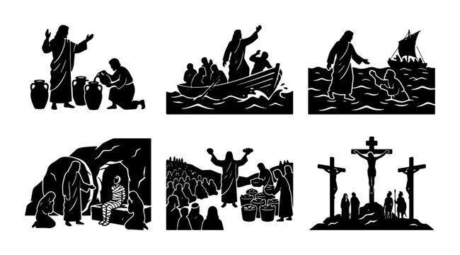 Biblical Jesus Miracles and Crucifixion Vector Icons Set, Religious Storytelling Graphic Elements, Christian Faith Scenes, Gospel Illustrations