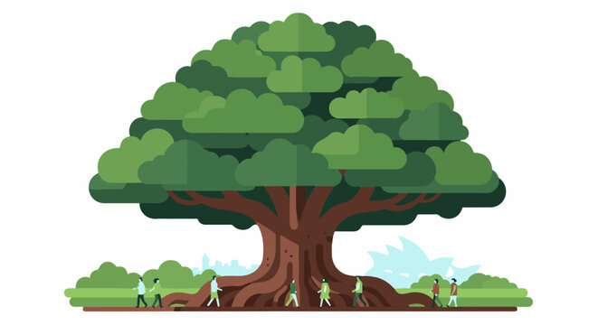 Flat design people walking under a massive, stylized tree with a city skyline backdrop