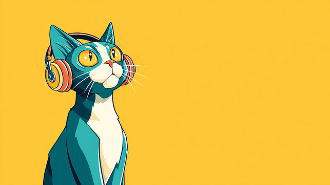Confident cat close up expressive eyes subtle smile wearing headphones yellow background