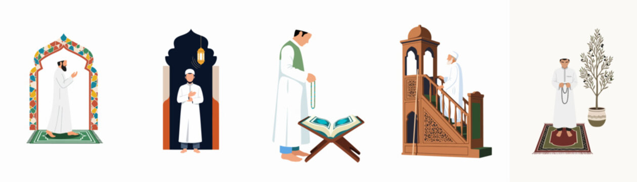 Set of Illustrations of Muslim Men Performing Religious Acts Including Prayer, Reading Quran, and Giving a Sermon on a Minbar
