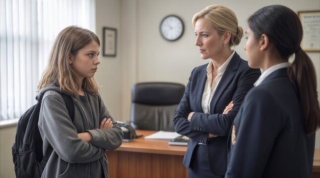 Principal reprimanding defiant student in school office. Disciplinary meeting between mature woman and teenage girl with arms crossed.