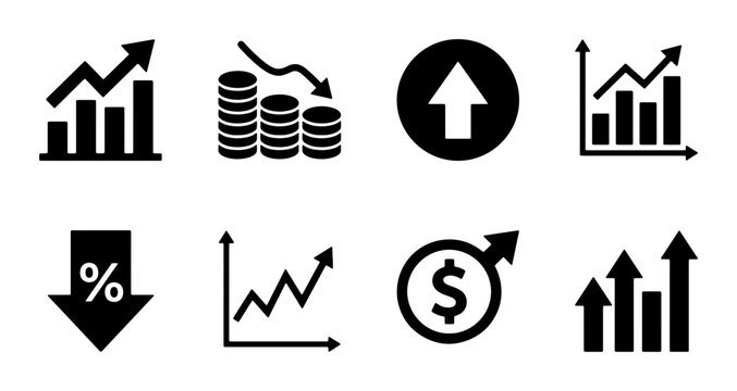 Financial Growth Icons, Stock Market Charts, Investment Symbols, Business Analytics Graphics, Economic Trends, Percentage Decrease, Coin Stacks, Dollar Sign Up