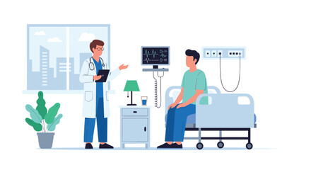 Fototapeta premium A medical professional discusses health results with a patient sitting on a clinical hospital bed inside a modern medical room with a city view window.