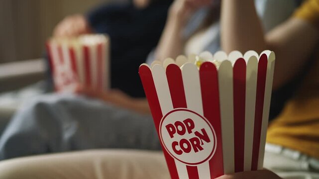 Adolescent boy and his parents eating popcorn while watching a movie together
