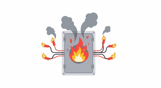 Electrical box with wires on fire, smoke rising from flames