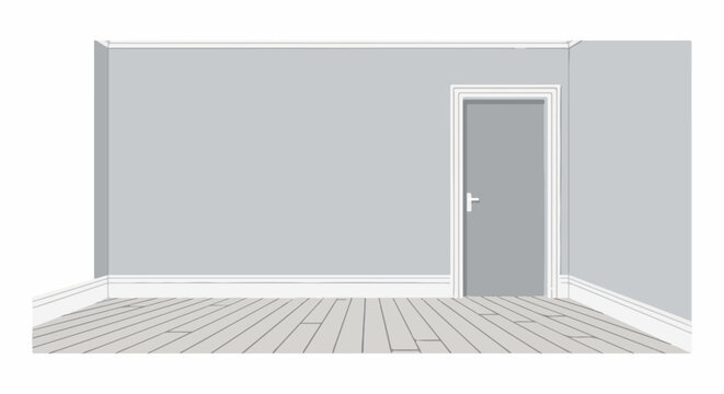 Empty room interior with gray walls, door, and wooden floor