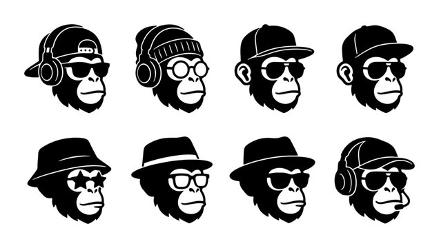 Hip Hop Monkey Heads Vector Set: Cool Ape Icons with Sunglasses, Hats, and Headphones, Urban Style Character Collection for Graphic Design