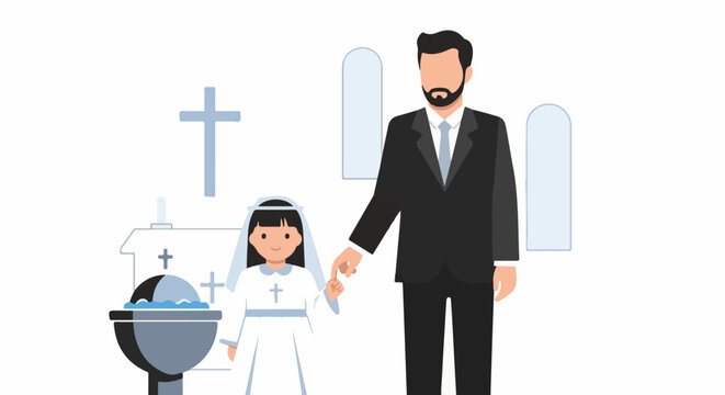 Father leads daughter in white dress with veil near baptismal font inside church