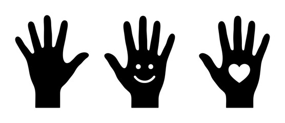 Obraz premium Three Black Silhouette Hands: Open Palm, Smiley Face, and Heart Icon, Vector Graphics for Empathy, Support, and Positive Communication