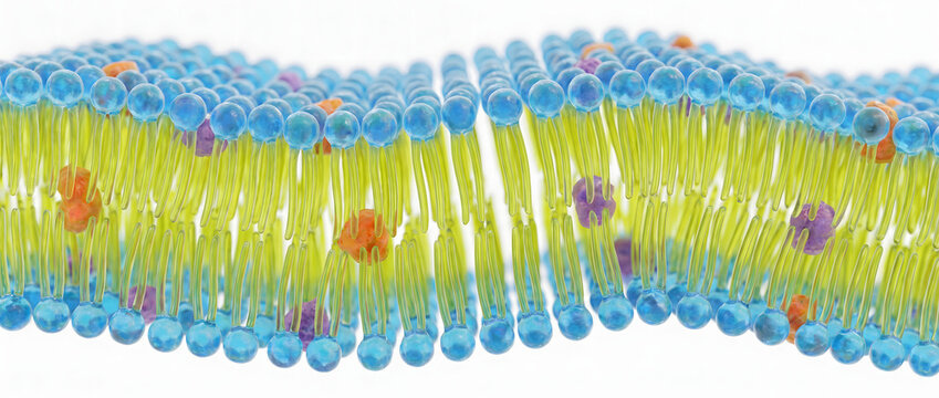 Phospholipid bilayer cell membrane structure illustration showing hydrophilic heads and hydrophobic tails with embedded proteins